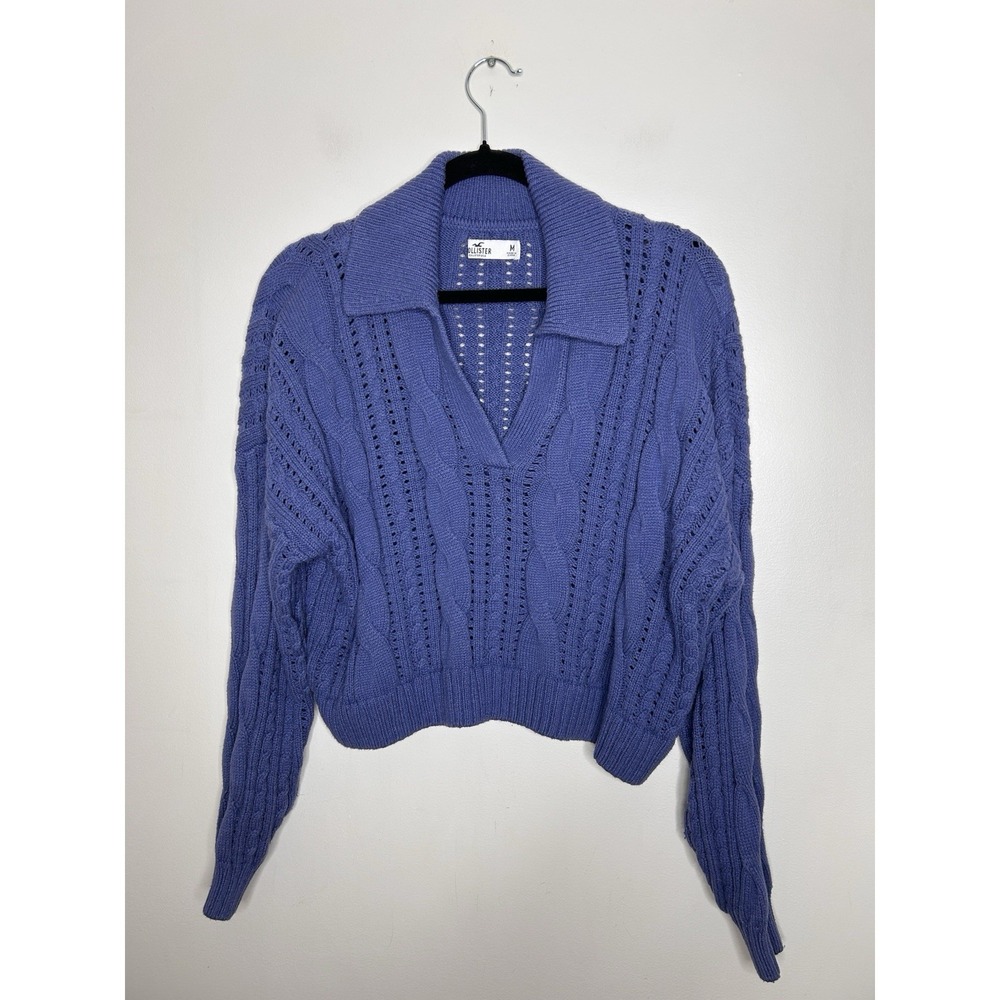 Hollister Sweater Womens Blue Cable Knit V Neck Cropped Pullover Size Medium